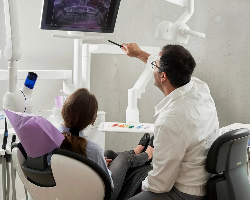 Dentiste montrant la radio dentaire à sa patiente au cabinet
