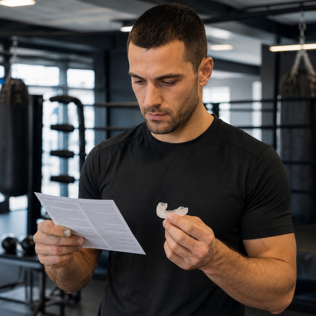 Sportif lisant la notice avec un protège-dents thermoformable en main