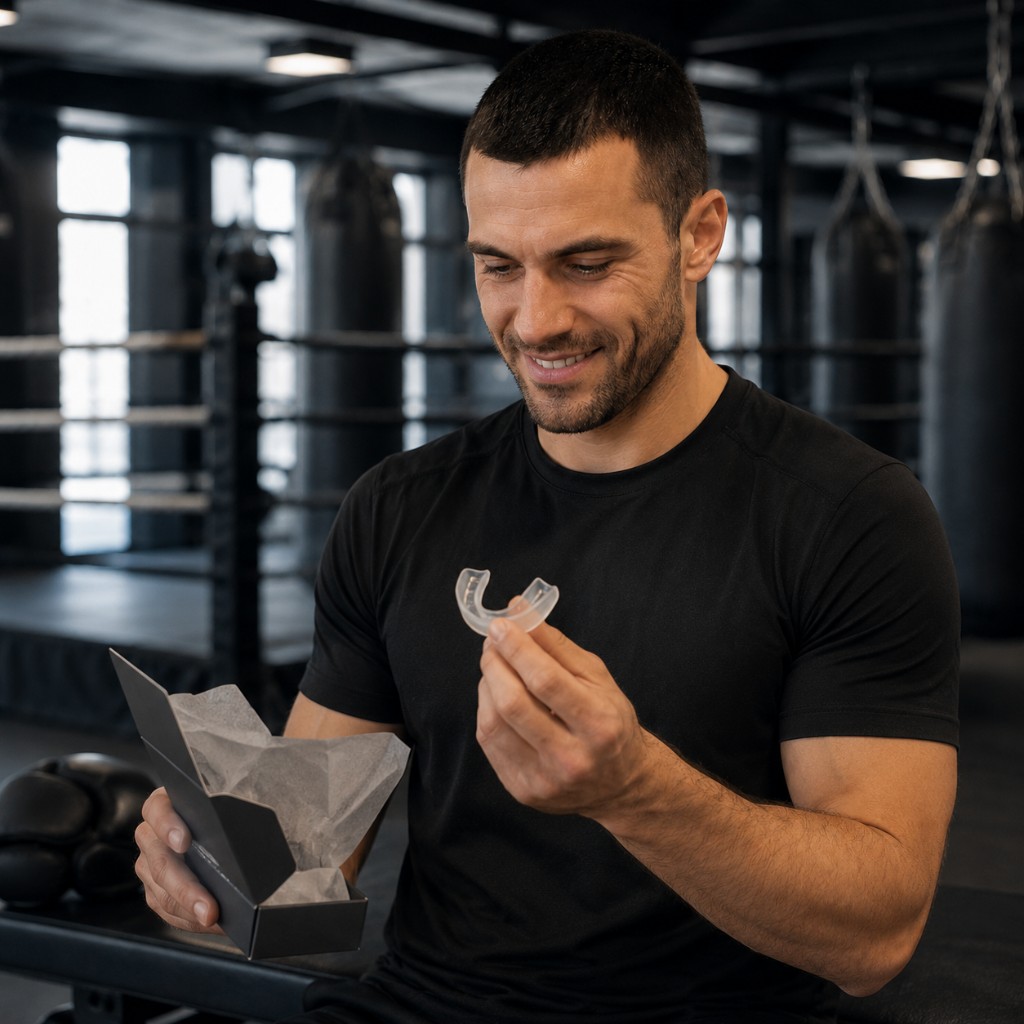 Sportif recevant son protège-dents sur mesure fabriqué en laboratoire