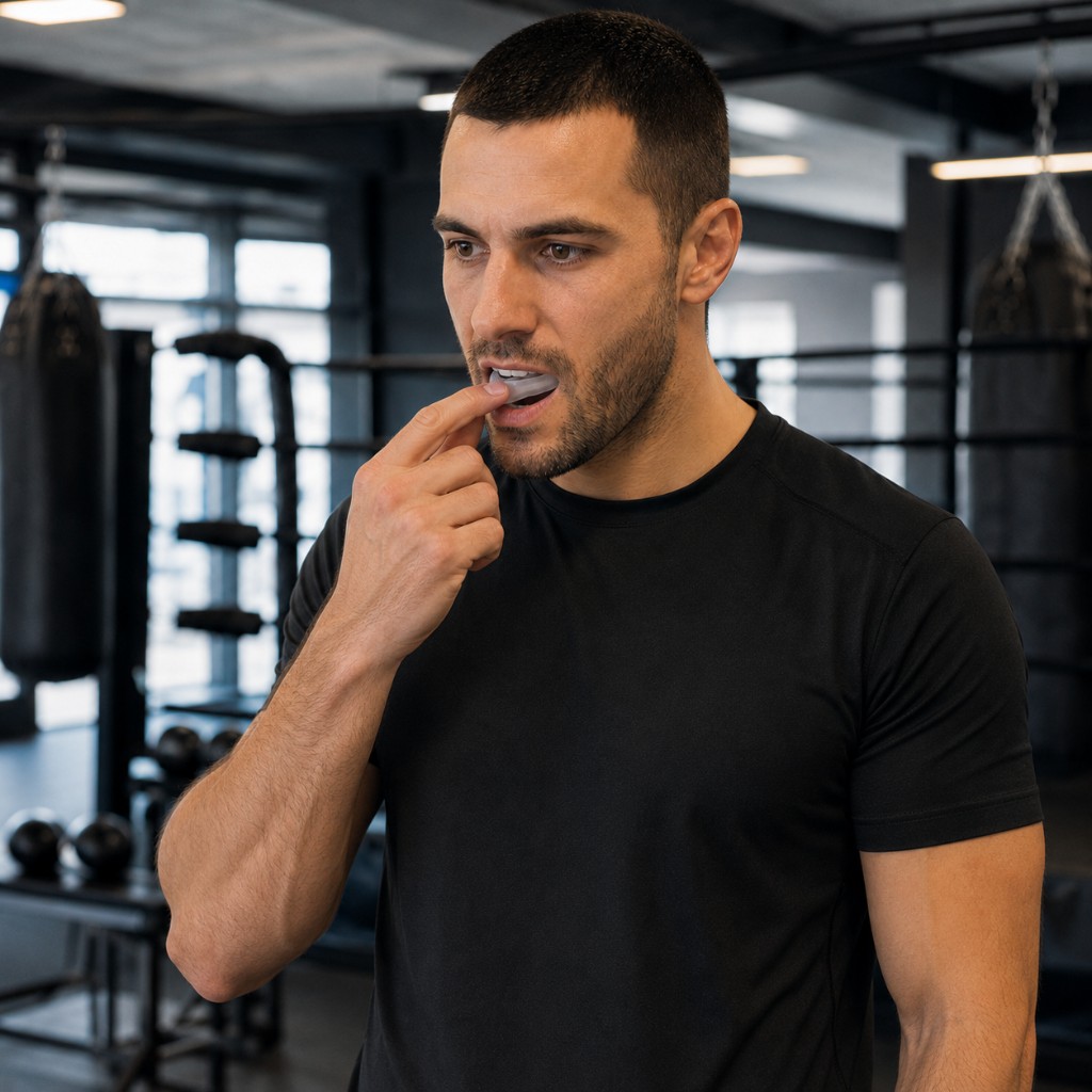 Sportif moulant le protège-dents thermoformable sur ses dents