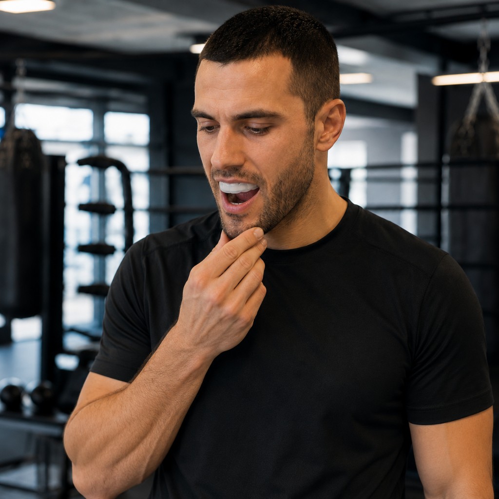 Sportif contrôlant la tenue du protège-dents une fois moulé