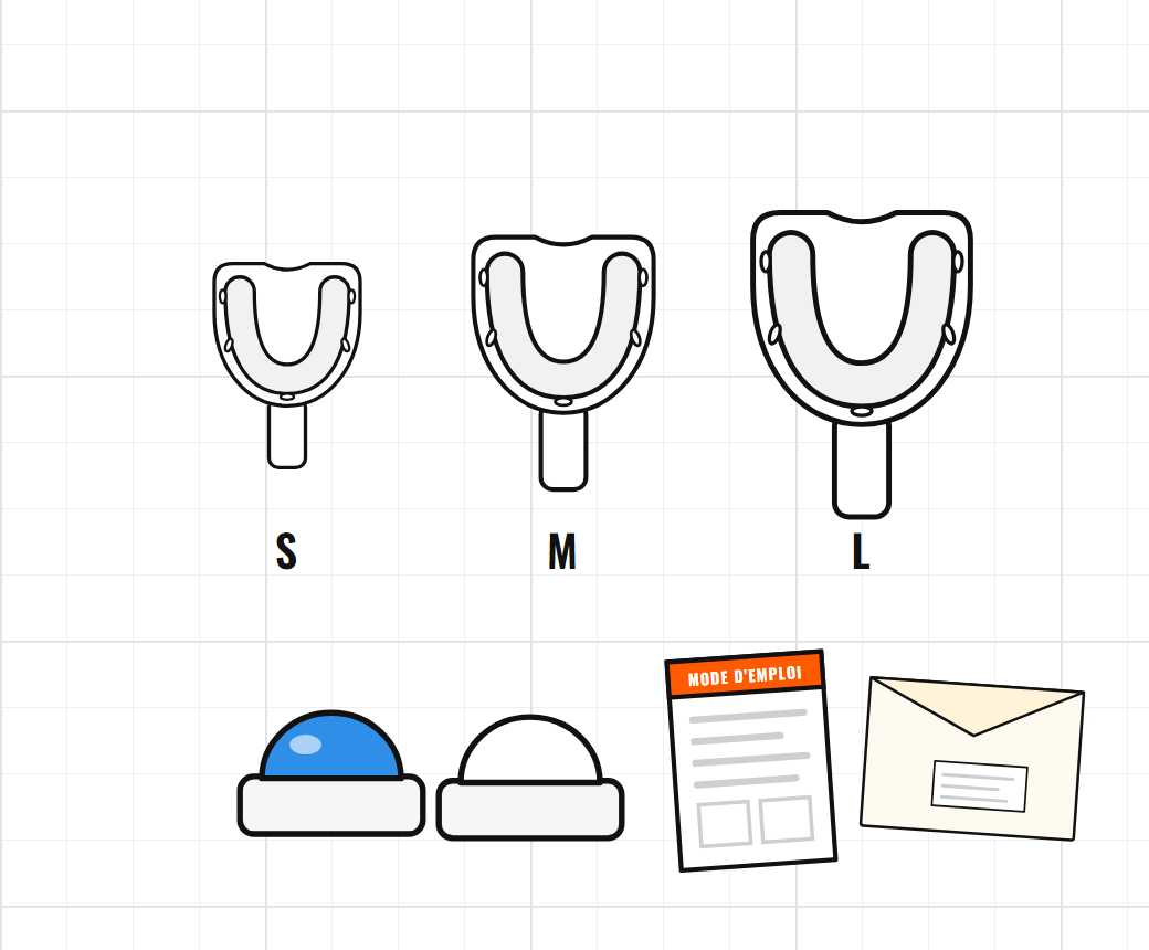 Kit contents: three impression trays S, M and L, two silicone putties, the instructions and the padded envelope