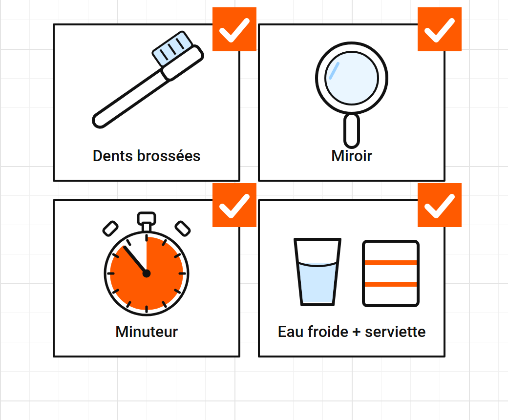 Four boxes ticked: teeth brushed, mirror, timer, cold water and towel