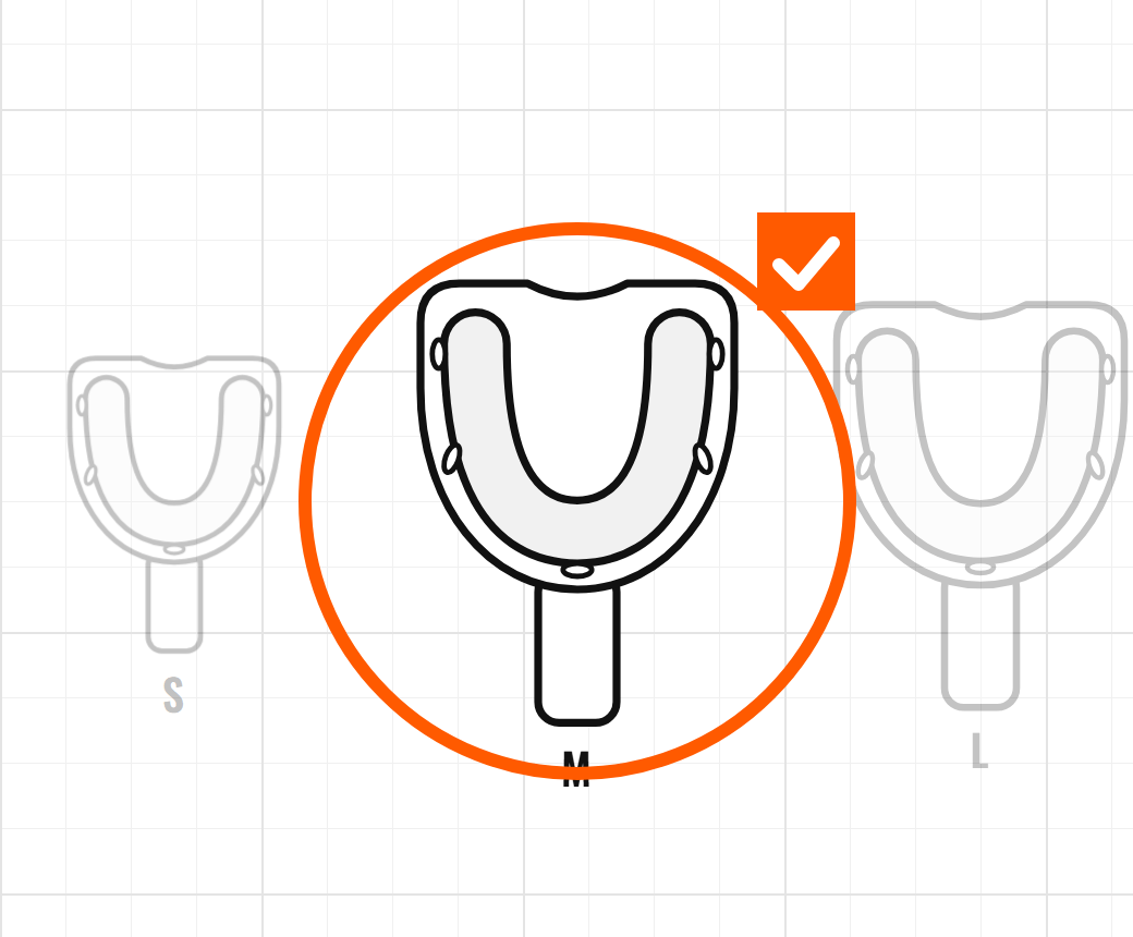 Three impression trays S, M and L, the M circled in orange and ticked