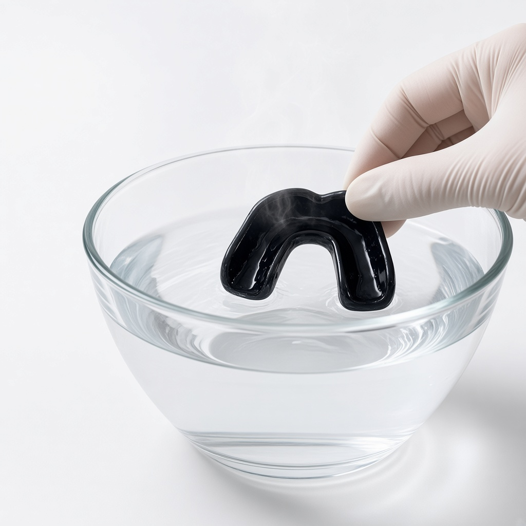 Main gantée tenant un protège-dents sur mesure noir à fleur d’eau dans un bol, seule la surface du mordu touche l’eau